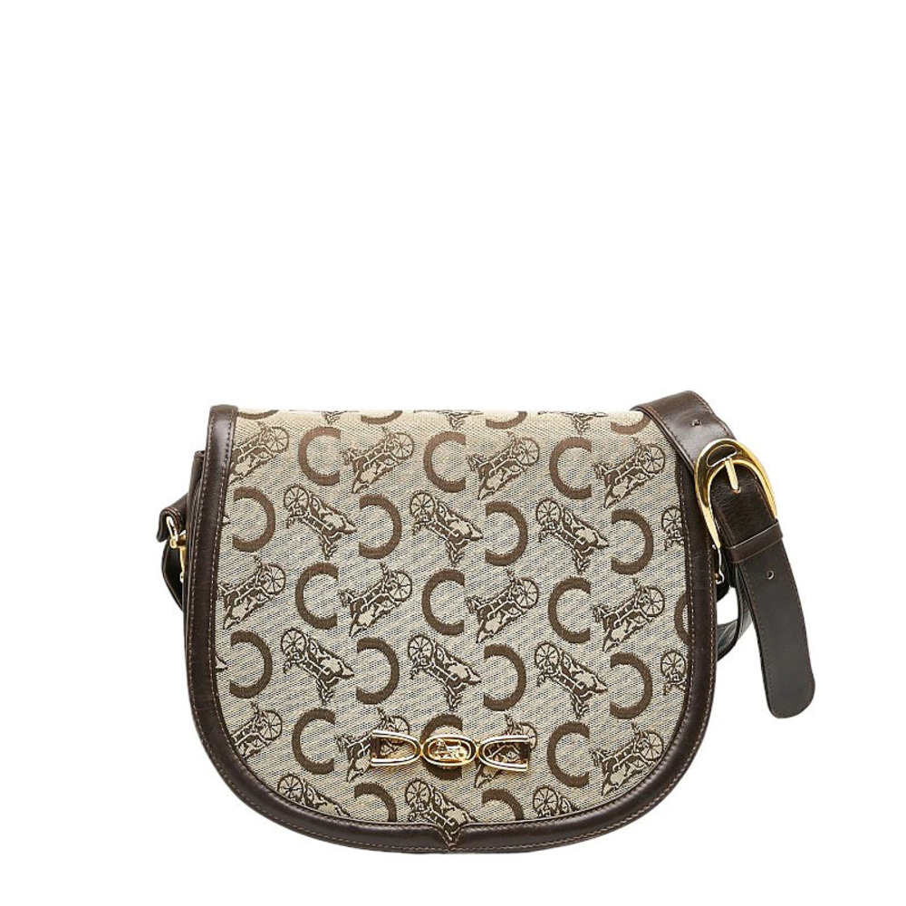 Celine Macadam Shoulder Bag Beige Brown Canvas Leather